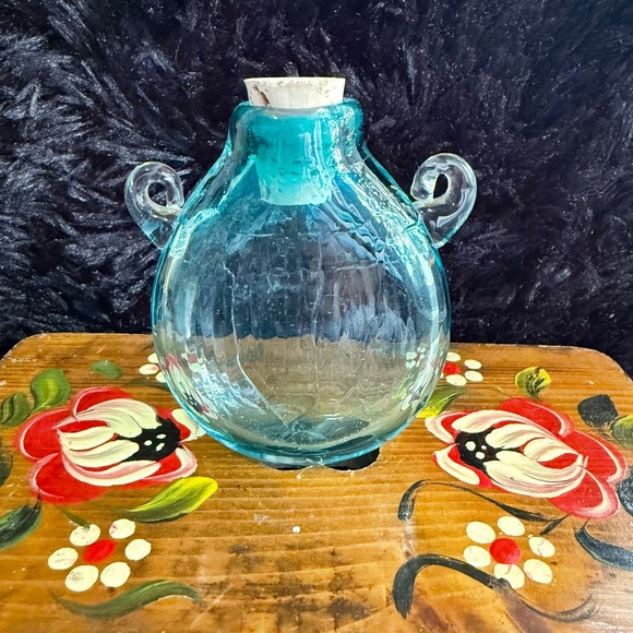 Signed AoF Art of Fire Aqua Blue Glass‎ Bottle Carafe Cork Stopper & Handles